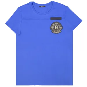 Balmain Blue Applique Gold Logo T-Shirt