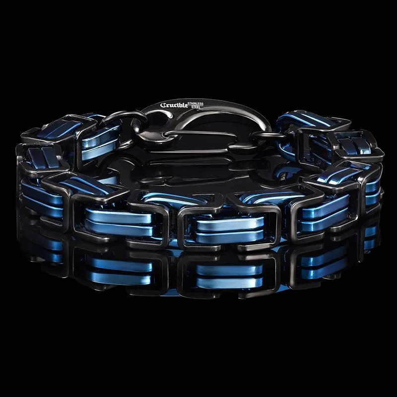 Crucible Los Angeles Blue/Black Stainless Steel Byzantine Chain Bracelet 11mm Wide - 10"