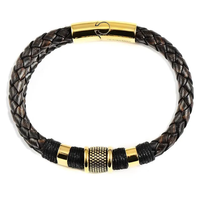 Crucible Los Angeles Dark Brown Leather and Gold IP Stainless Steel Beads