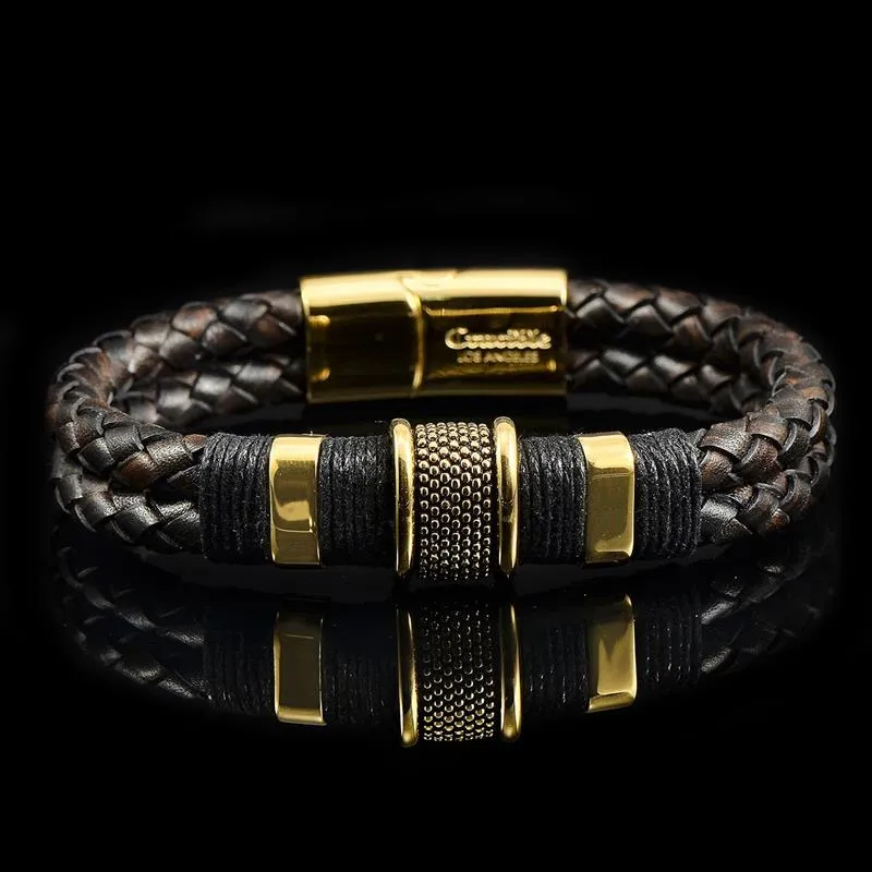 Crucible Los Angeles Dark Brown Leather and Gold IP Stainless Steel Beads