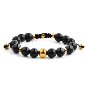Crucible Los Angeles Gold Plated Stainless Steel Black Onyx Stone Adjustable Bracelet (10mm)