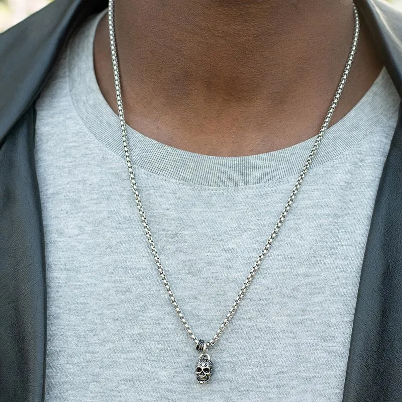 Crucible Los Angeles Stainless Steel 12mm Skull Necklace on 24 Inch 3mm Box Chain
