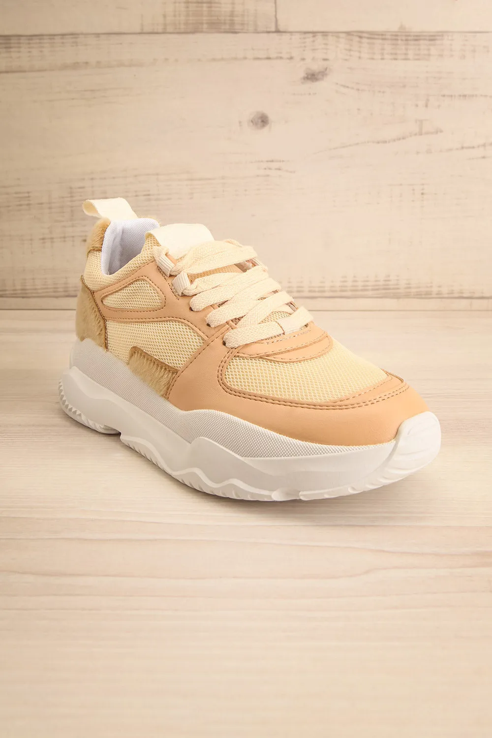 Hevye | Beige Lace-Up Sneakers w/ Faux-Fur Detail
