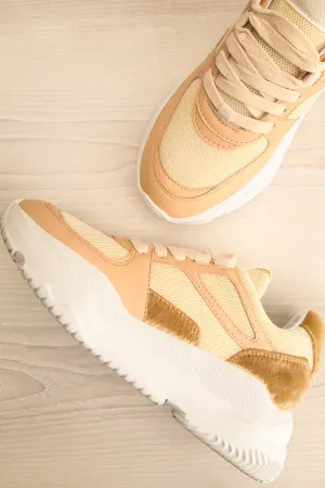 Hevye | Beige Lace-Up Sneakers w/ Faux-Fur Detail