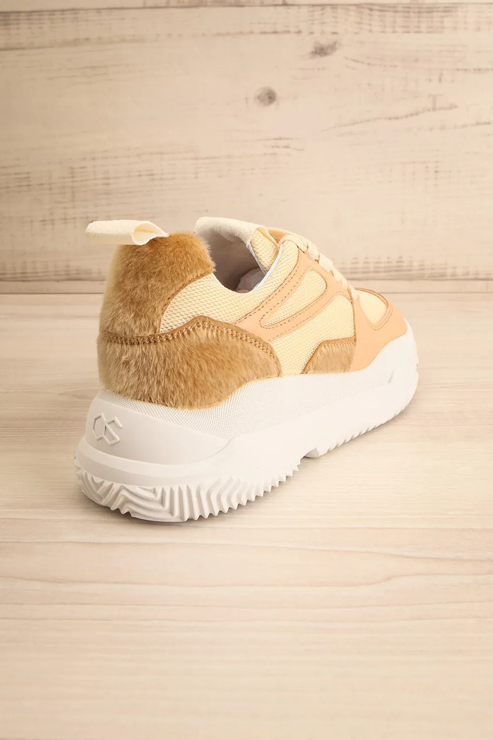 Hevye | Beige Lace-Up Sneakers w/ Faux-Fur Detail