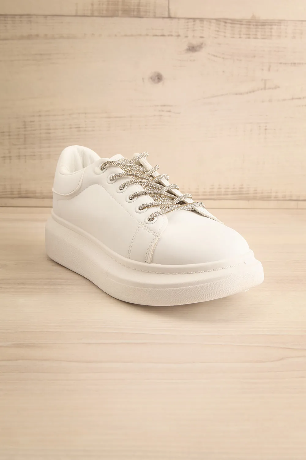 Marona | White Lace-Up Sneakers w/ Crystals
