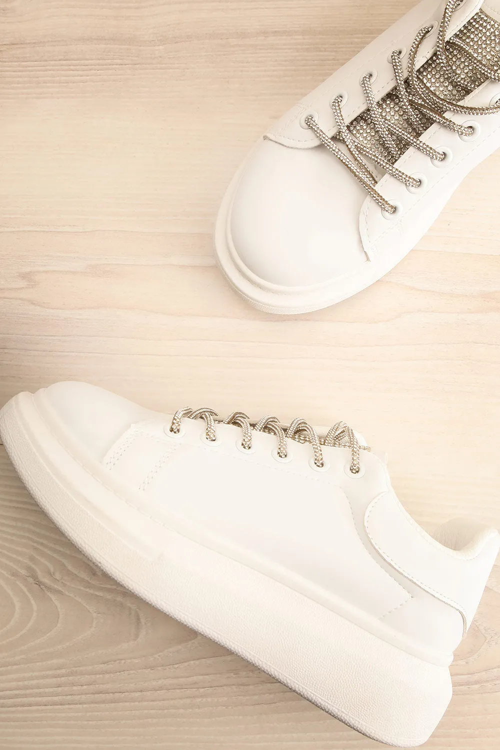 Marona | White Lace-Up Sneakers w/ Crystals