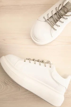 Marona | White Lace-Up Sneakers w/ Crystals