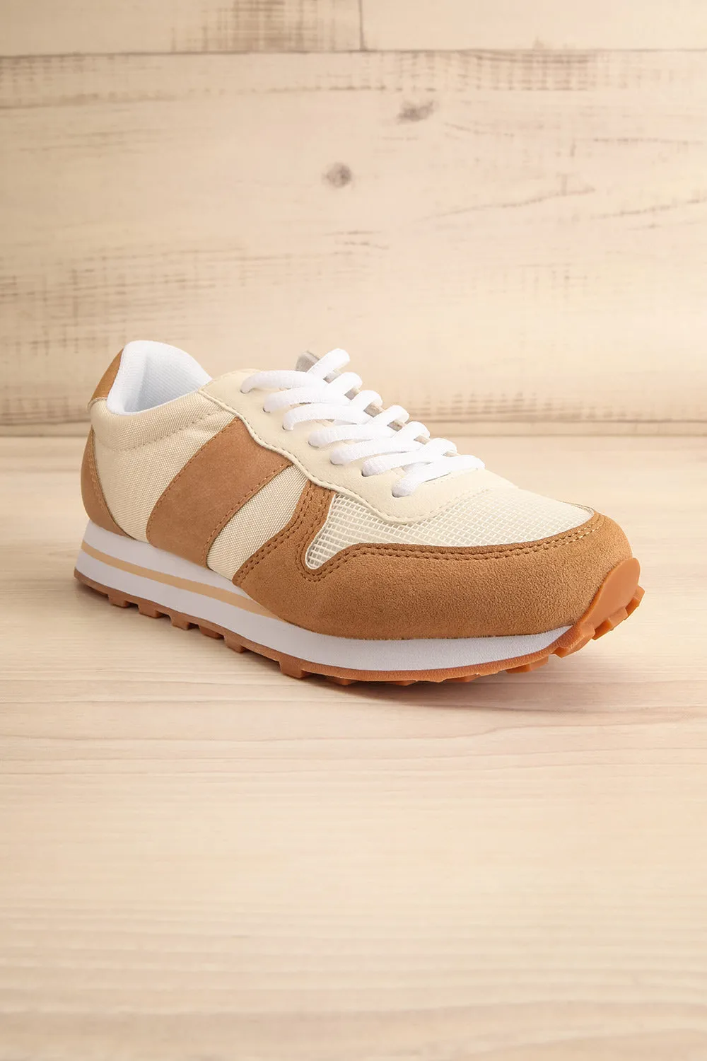 Phebes | Brown and Cream Lace-Up Sneakers