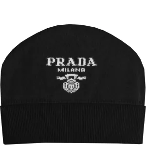 Prada Black Wool Cashmere Logo Beanie