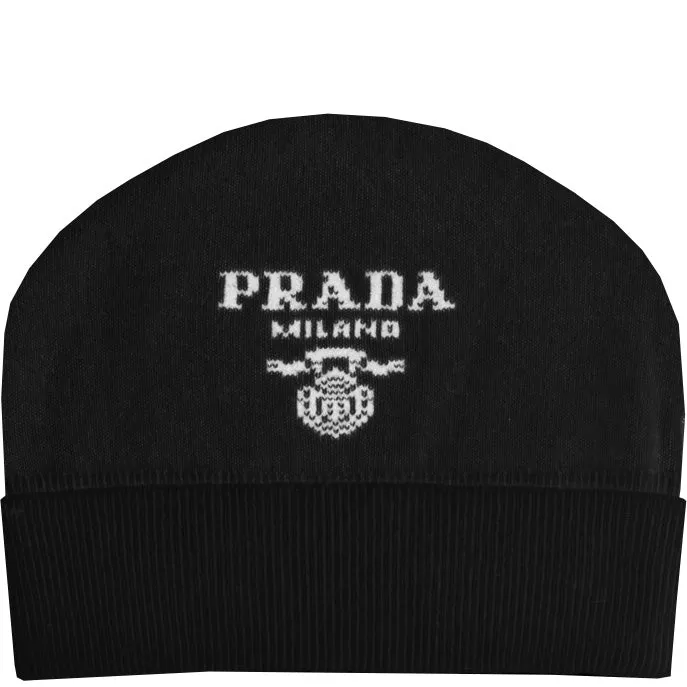 Prada Black Wool Cashmere Logo Beanie
